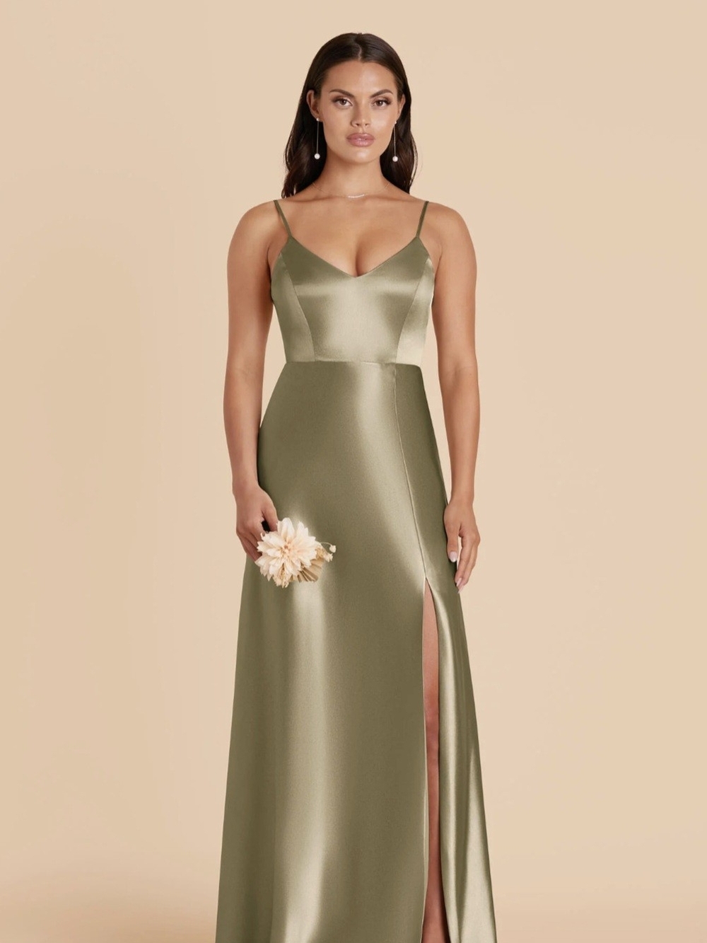 Olive Satin Spaghetti-Strap Bridal Gown